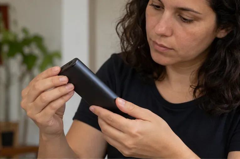 Uma mulher observa a carcaça fechada de uma bateria portátil, verificando sua condição externa.