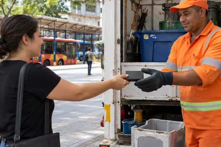 Uma moradora entrega uma bateria portátil a um trabalhador ao lado de um caminhão de coleta.