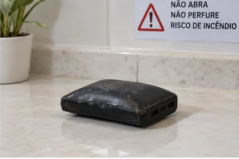 Power bank preto visivelmente estufado sobre uma superfície, acompanhado de aviso para não abrir nem perfurar por risco de incêndio