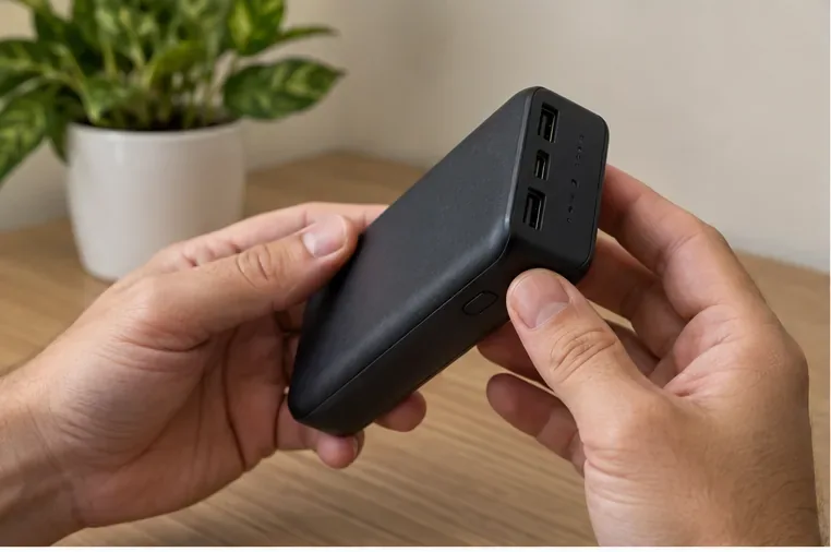 Pessoa examinando um power bank preto íntegro sobre uma mesa antes de levá-lo para descarte