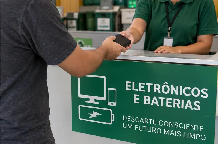 Pessoa entregando um power bank a um atendente em balcão identificado para eletrônicos e baterias