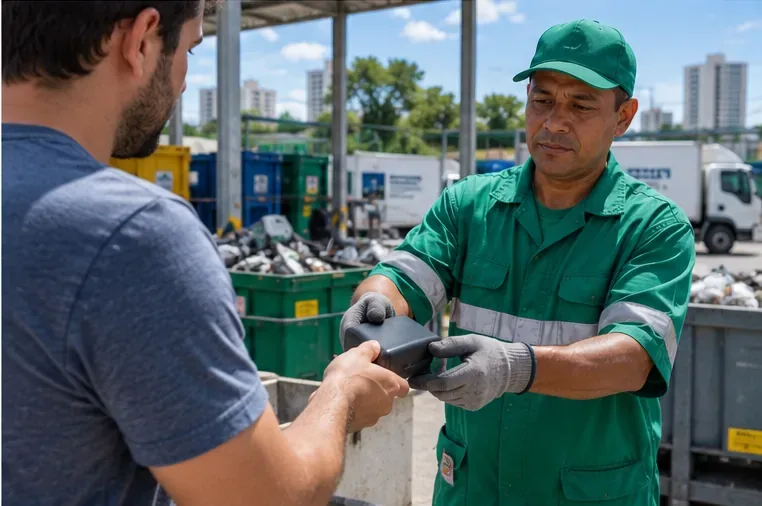 Um trabalhador de reciclagem recebe um power bank das mãos de um consumidor em um ponto de coleta.