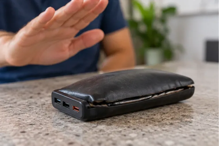 Um power bank estufado repousa sobre uma bancada enquanto a pessoa mantém distância do aparelho danificado.