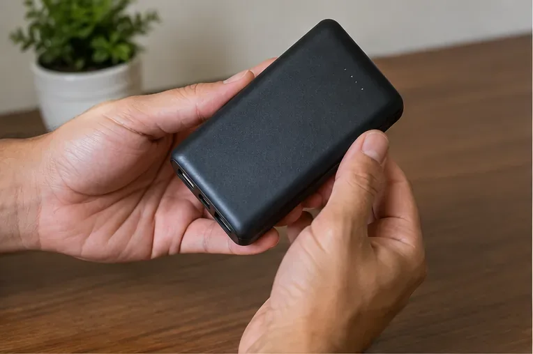 Pessoa segura um power bank preto e observa a carcaça antes de encaminhá-lo ao descarte