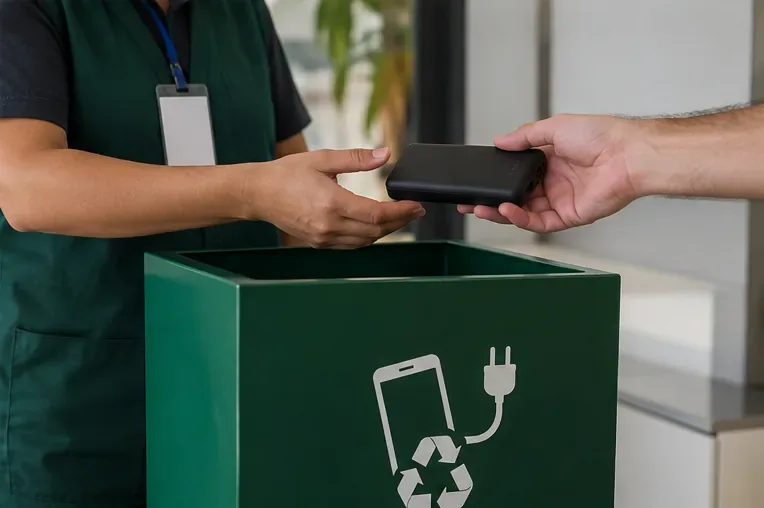 Mãos entregam um power bank preto a atendente ao lado de coletor verde para resíduos eletrônicos