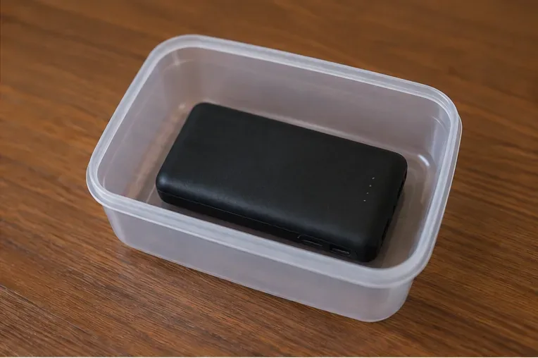 Power bank preto colocado sozinho em um recipiente plástico rígido para transporte cuidadoso