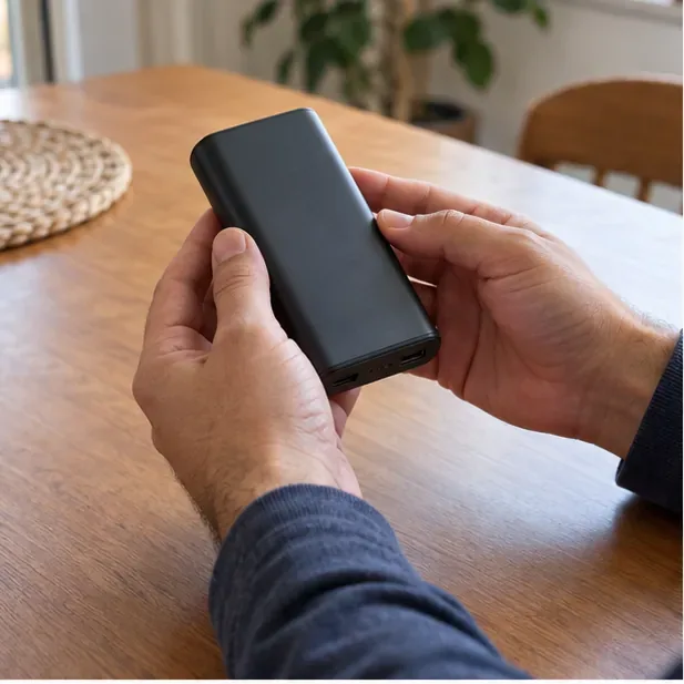 Mãos examinam a carcaça fechada de um power bank desligado para verificar se há deformações ou rachaduras