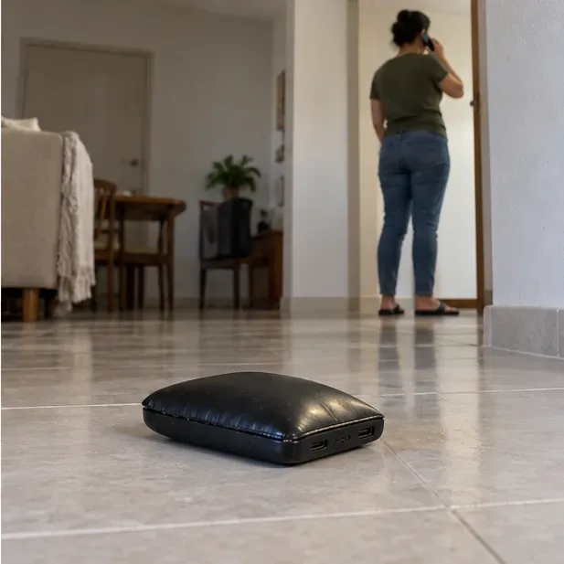 Power bank visivelmente estufado permanece no chão livre, enquanto uma pessoa telefona a alguns passos de distância