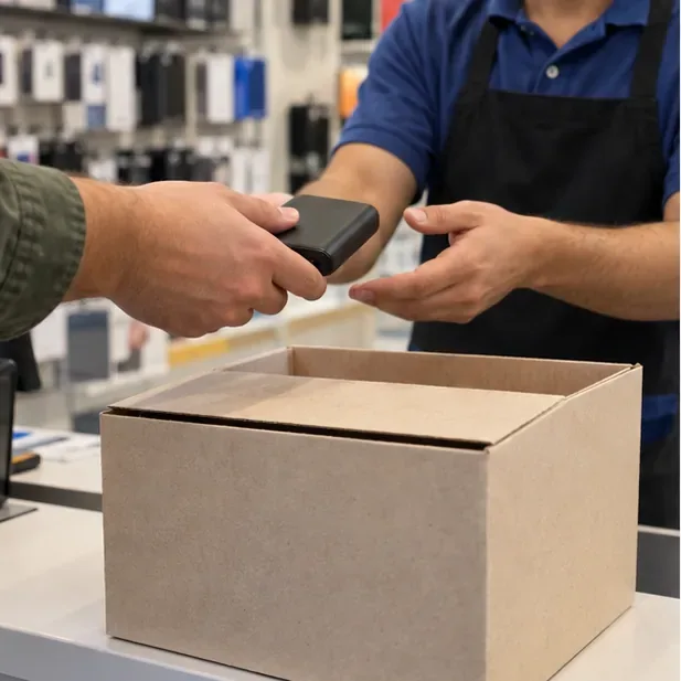 Consumidor entrega um power bank intacto a um funcionário em um balcão de recebimento de eletrônicos