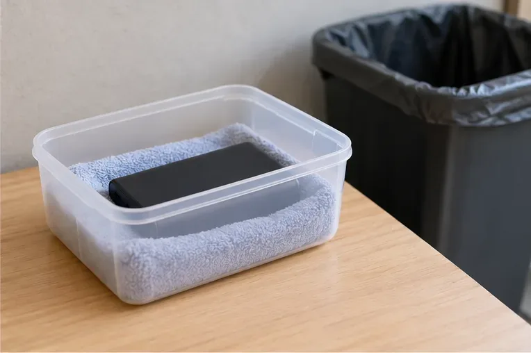 Power bank acomodado inteiro em um recipiente plástico com tecido, separado de uma lixeira doméstica ao fundo