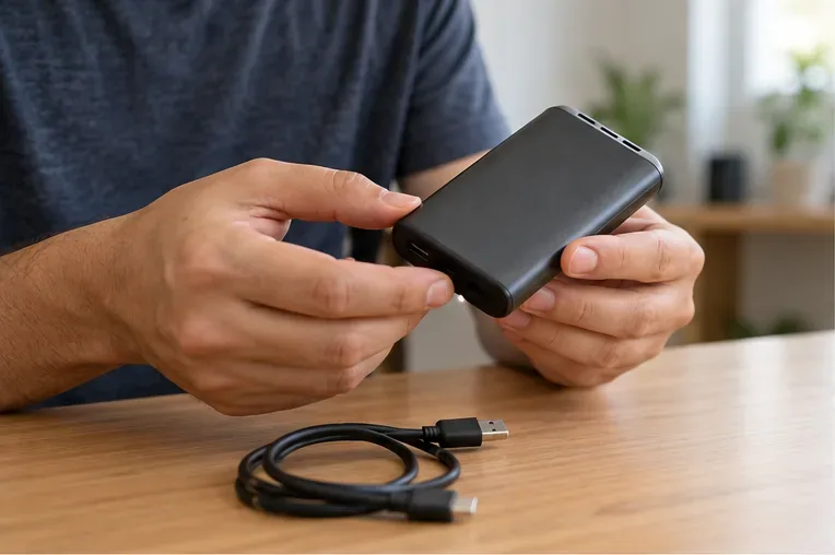 Pessoa examinando um power bank desligado sobre uma mesa, com o cabo USB separado ao lado