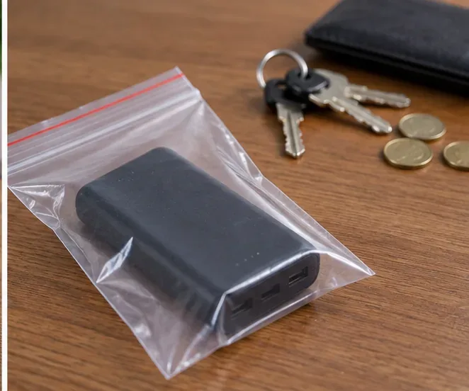 Power bank íntegro colocado em saco transparente, separado de chaves e moedas metálicas sobre uma mesa.