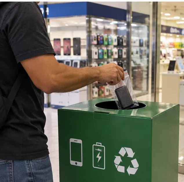Pessoa deposita um power bank em coletor verde de resíduos eletroeletrônicos dentro de um estabelecimento comercial.