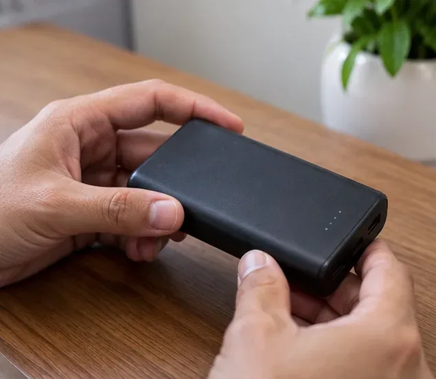 Pessoa inspeciona um power bank preto para verificar se há inchaço, rachaduras ou deformações antes do descarte.