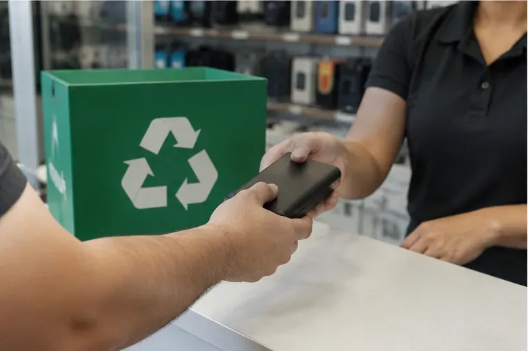 Pessoa entregando um power bank inteiro a uma atendente ao lado de uma caixa verde de reciclagem em um estabelecimento