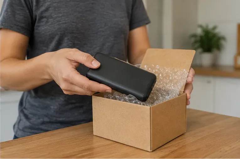 Pessoa colocando cuidadosamente um power bank inteiro em uma pequena caixa acolchoada antes de levá-lo a um ponto de recebimento