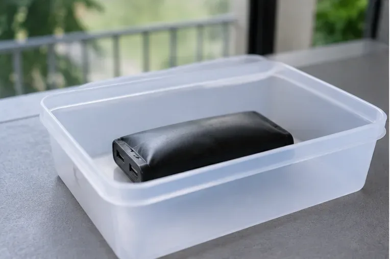 Power bank preto separado dentro de uma caixa plástica aberta antes do transporte para reciclagem