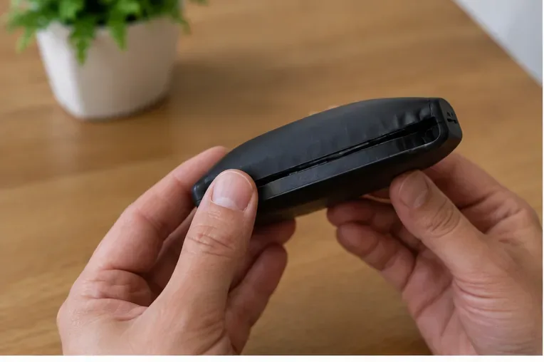 Mãos segurando um power bank preto com a carcaça visivelmente estufada e aberta na lateral