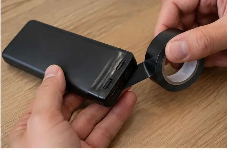Mãos aplicando fita isolante na região dos conectores de um power bank preto íntegro