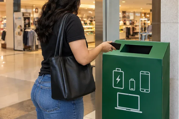 Pessoa levando um power bank a um coletor verde para resíduos eletrônicos em área interna de comércio.