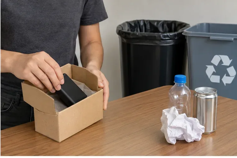 Pessoa colocando um power bank em uma pequena caixa de papelão, separado de outros resíduos sobre a mesa.
