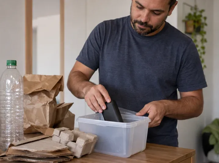 Uma pessoa separa um power bank intacto de embalagens recicláveis e o coloca em uma caixa para transporte
