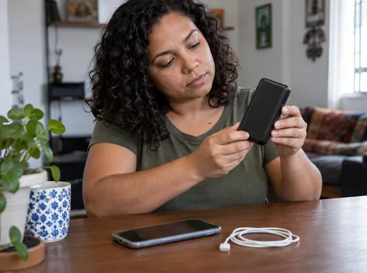 Uma pessoa examina um power bank intacto e desligado sobre uma mesa, ao lado de um celular e um cabo USB
