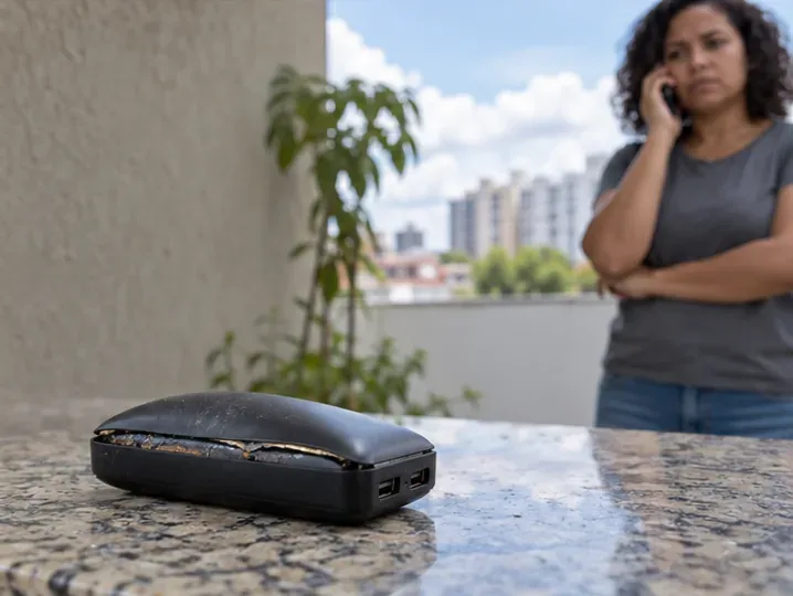 Um power bank visivelmente inchado está isolado sobre uma bancada enquanto uma pessoa pede orientação à distância