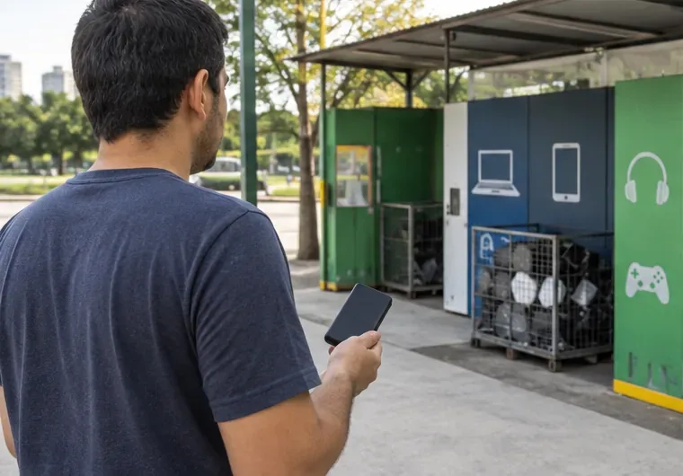 Pessoa chegando com um power bank a uma área de recebimento de resíduos eletrônicos com coletores identificados por tipos de aparelhos