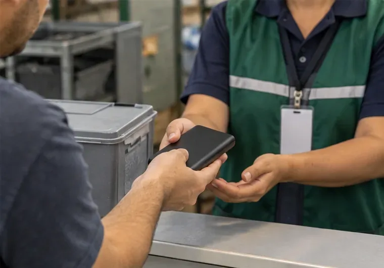 Pessoa entregando um power bank preto diretamente a um funcionário de um ponto de coleta de eletrônicos