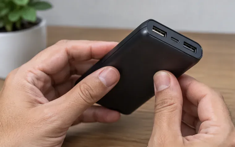 Pessoa segurando um power bank preto e verificando a carcaça e as portas antes do descarte