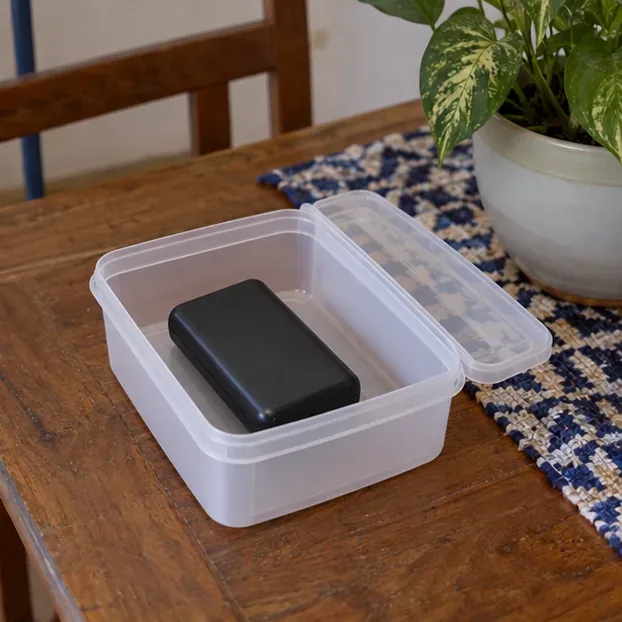 Power bank intacto colocado sozinho em um recipiente rígido não metálico para transporte