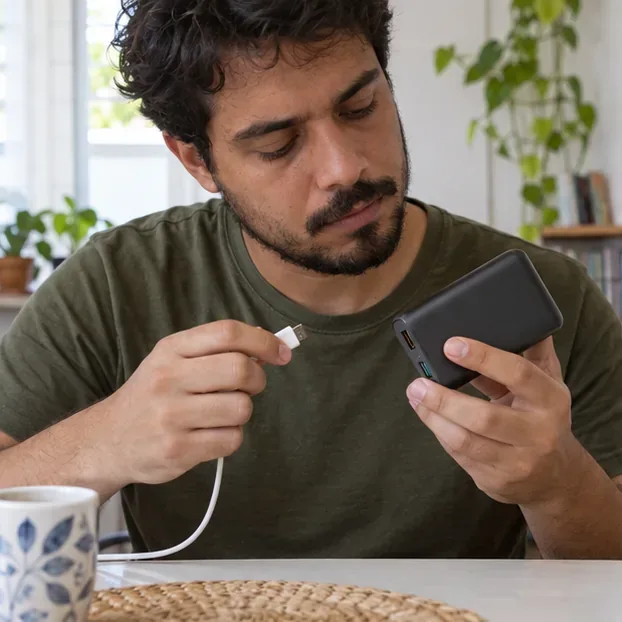 Pessoa desligando e examinando um power bank intacto sobre uma mesa antes do descarte