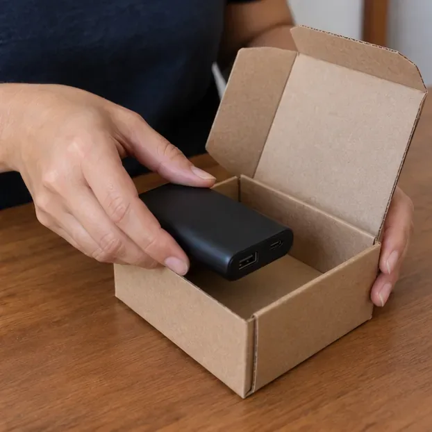 Mãos colocando um power bank preto e desconectado em uma caixa de papelão aberta