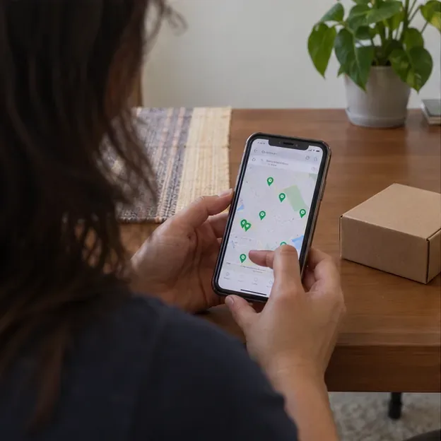 Pessoa consultando no celular um mapa com marcadores de pontos de coleta, ao lado de uma caixa fechada