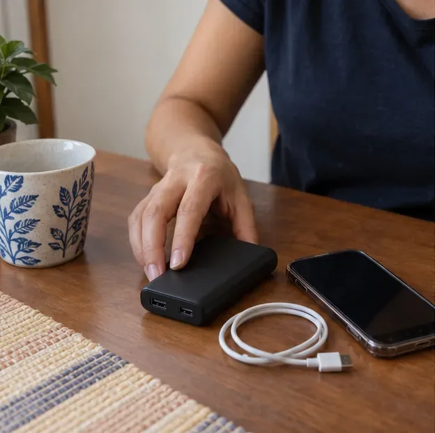 Power bank preto, cabo USB e celular sobre uma mesa, com a carcaça do aparelho visível
