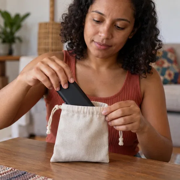 Pessoa colocando um power bank intacto em uma pequena bolsa de tecido para transporte