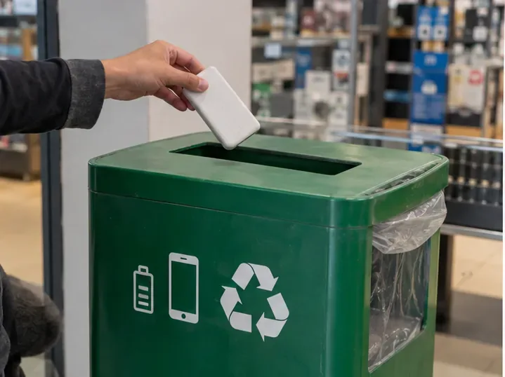 Mão colocando um power bank em um coletor verde identificado com símbolos de bateria, celular e reciclagem