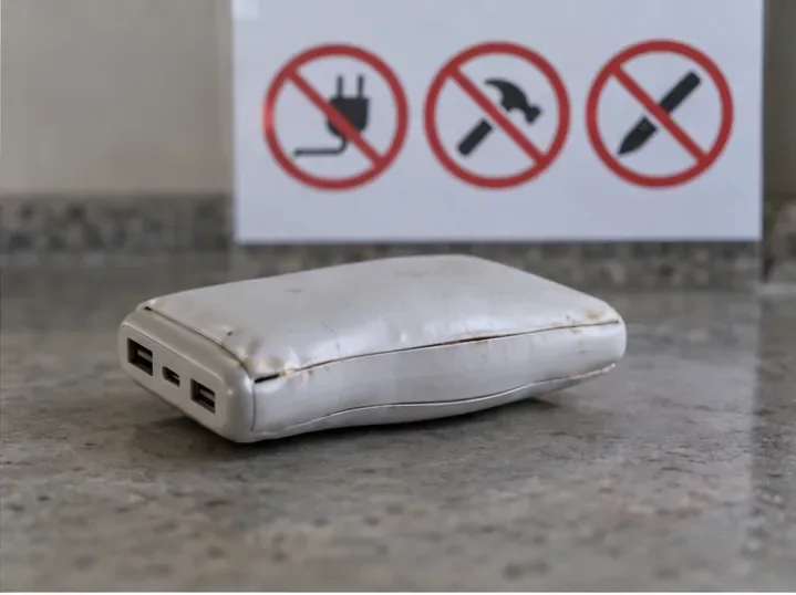 Power bank deformado e inchado sobre uma superfície não inflamável, sem estar conectado a carregadores