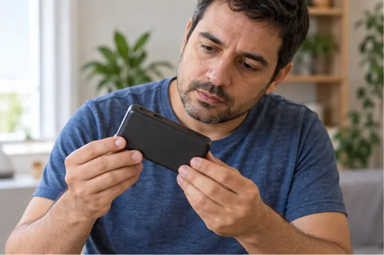 Um homem segura e examina um power bank preto, verificando a carcaça antes do descarte