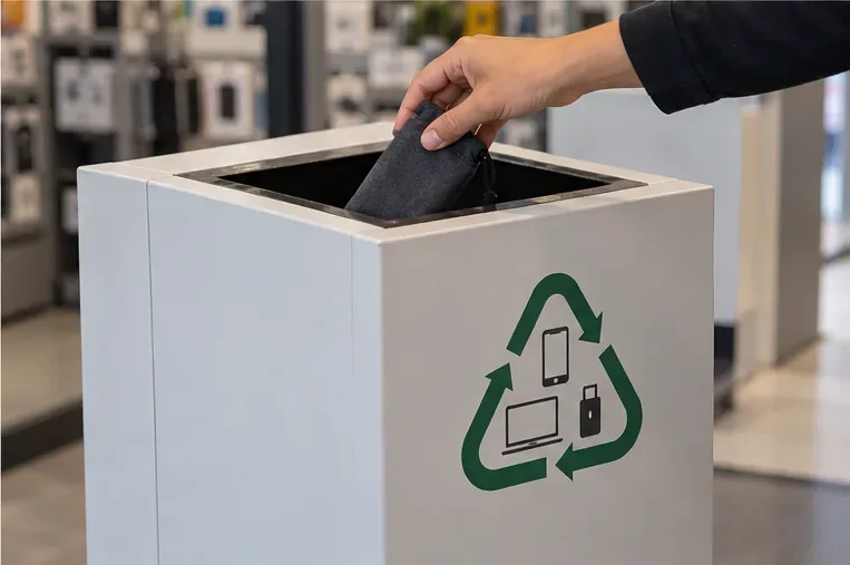 Uma mão deposita uma bolsa de tecido com um power bank em um coletor de eletroeletrônicos identificado por um símbolo de reciclagem