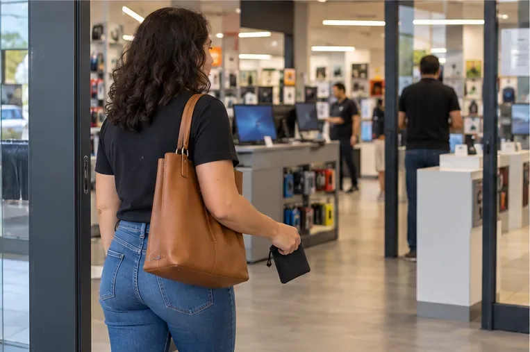 Uma mulher entra em uma loja de eletrônicos com uma pequena bolsa contendo um power bank para procurar um ponto de recebimento
