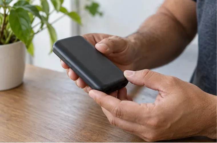Mãos inspecionam um power bank preto intacto sobre uma mesa de madeira antes de decidir o descarte