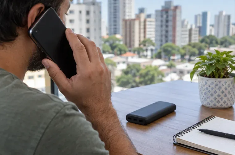 Pessoa consulta um ponto de coleta pelo telefone com um power bank sobre a mesa