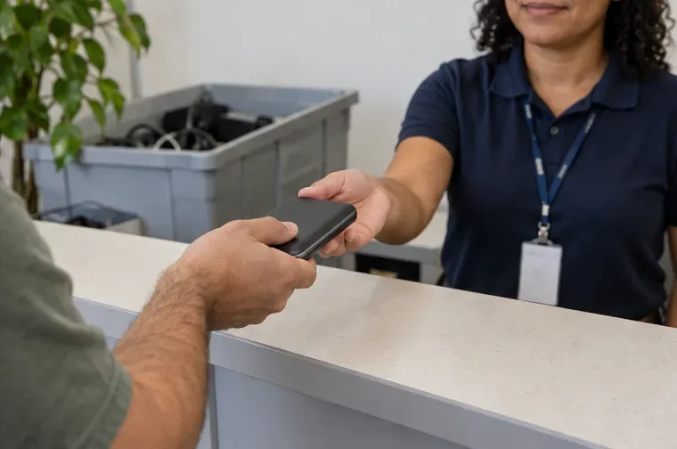Consumidor entrega um power bank a uma atendente num balcão de coleta de eletrônicos