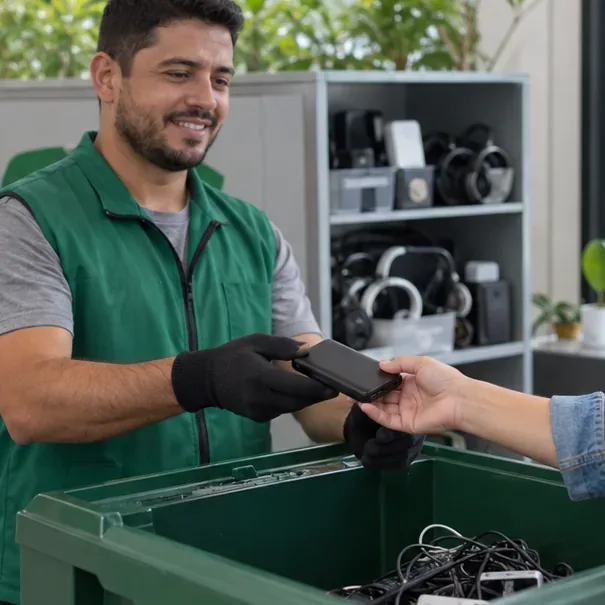 Funcionário de loja recebe um power bank das mãos de um cliente em um balcão