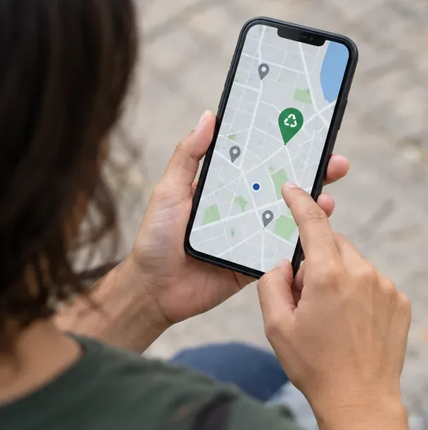 Pessoa consulta no celular um mapa genérico com marcadores de pontos de entrega