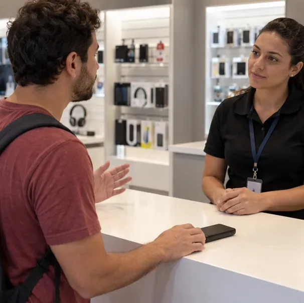 Cliente conversa com uma atendente em um balcão de loja de eletrônicos, com um power bank sobre o balcão