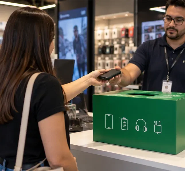 Consumidora entregando um pequeno power bank a um atendente ao lado de um coletor para eletrônicos em uma loja