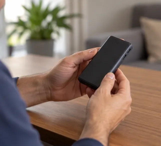 Pessoa examinando um power bank preto sobre uma mesa, verificando visualmente a carcaça antes do descarte